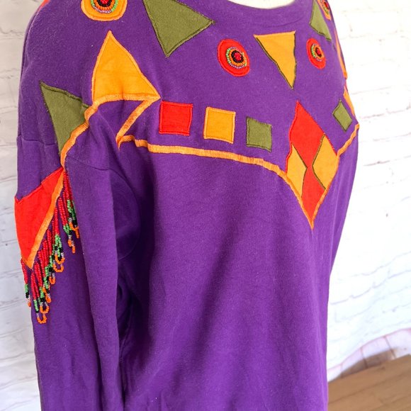 VTG - Tribal Print Long Sleeve T-shirt - Beaded Sleeves - Size Medium - Picture 10 of 11
